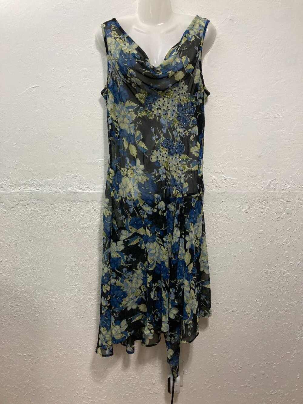CB Established 1962 floral handkerchief hem dress cowl neck Y2K sheer Beaded XL